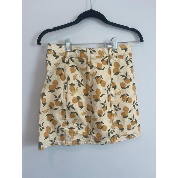 Reformation Denim Skirt Women XS Lemon Print Button Front Summer Yellow - Picture 2 of 6